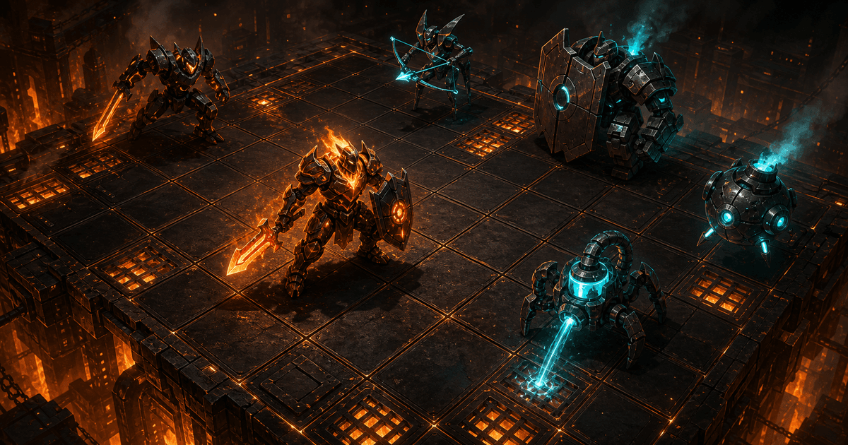 Ember guardian on a dark forge grid facing mechanical enemies amid orange vents and cyan sparks.